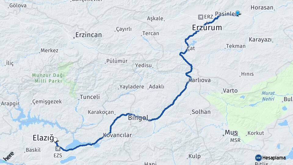 Erzurum Pasinler Elazığ Arası Kaç Km - Yol Haritası