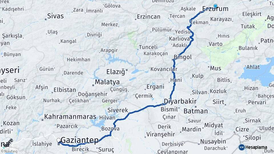 Erzurum Pasinler Gaziantep Arası Kaç Km - Yol Haritası