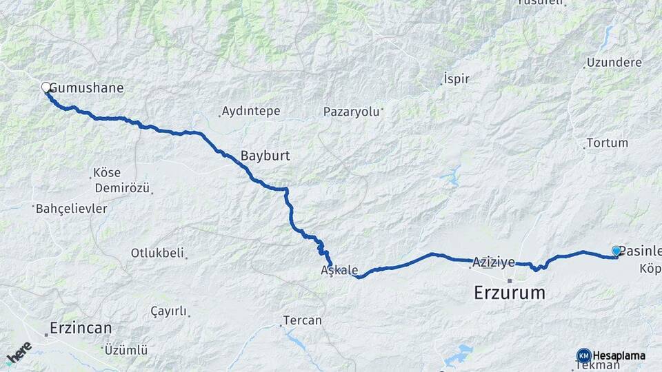 Erzurum Pasinler Gümüşhane Arası Kaç Km - Yol Haritası