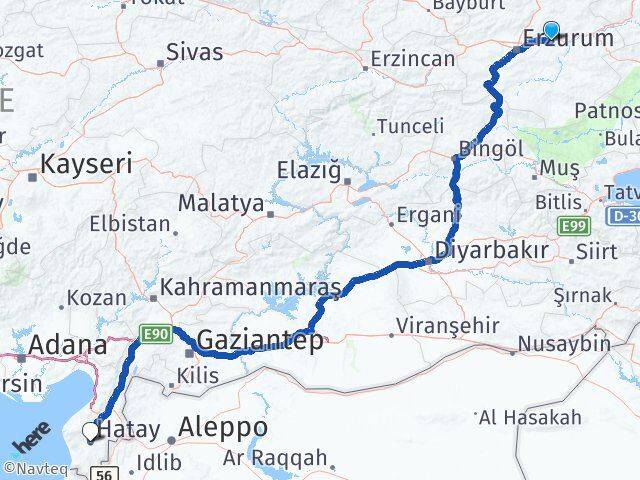 Erzurum Pasinler Hatay Arası Kaç Km - Yol Haritası