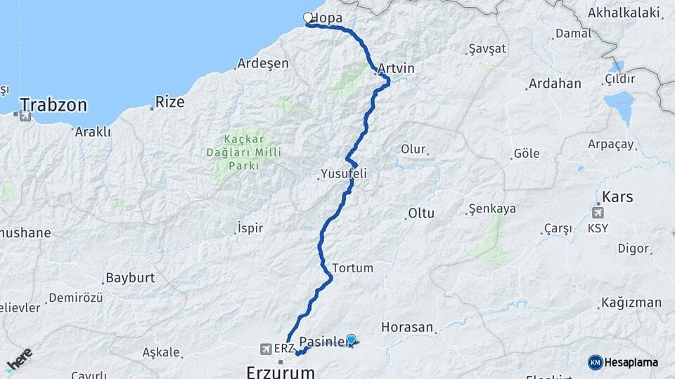 Erzurum Pasinler Hopa Artvin Arası Kaç Km - Yol Haritası