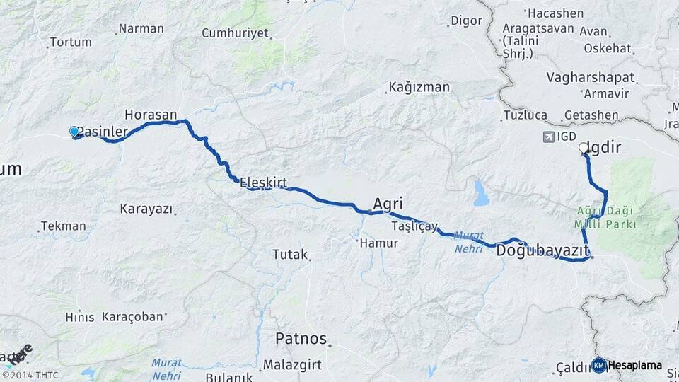 Erzurum Pasinler Iğdır Arası Kaç Km - Yol Haritası