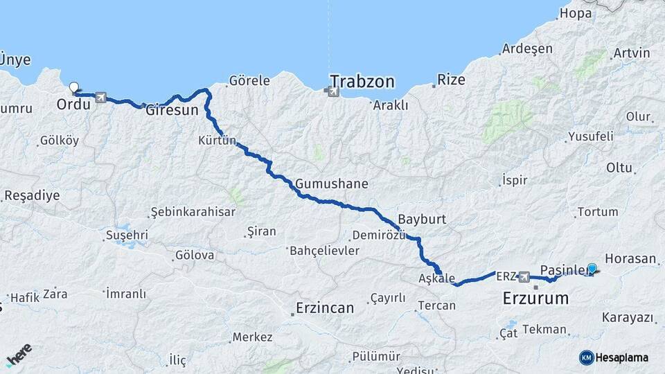 Erzurum Pasinler Ordu Arası Kaç Km - Yol Haritası