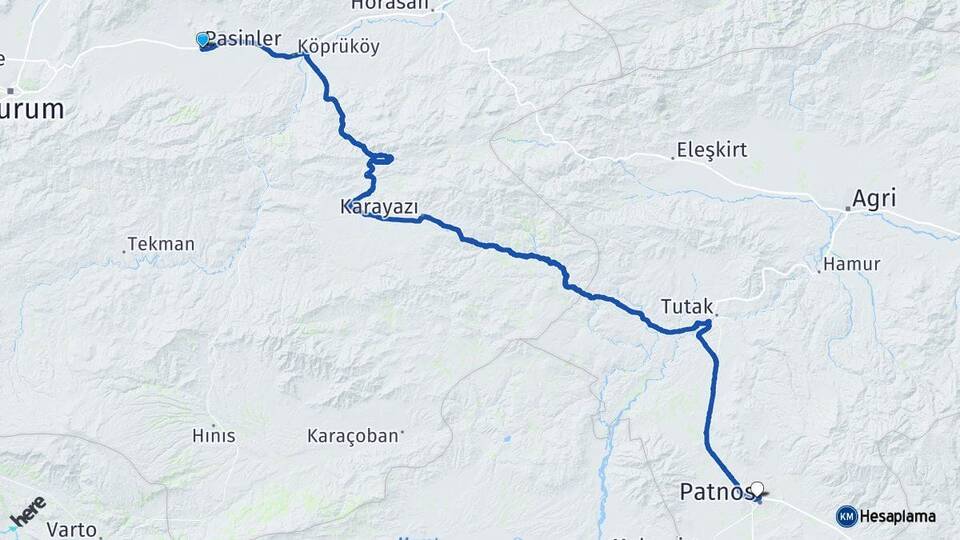 Erzurum Pasinler Patnos Ağrı Arası Kaç Km - Yol Haritası