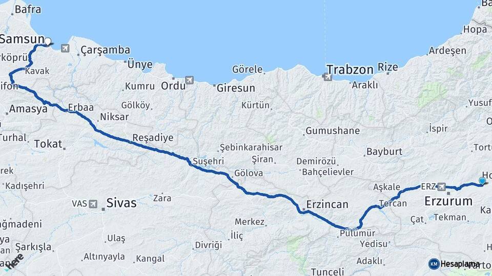Erzurum Pasinler Samsun Arası Kaç Km - Yol Haritası