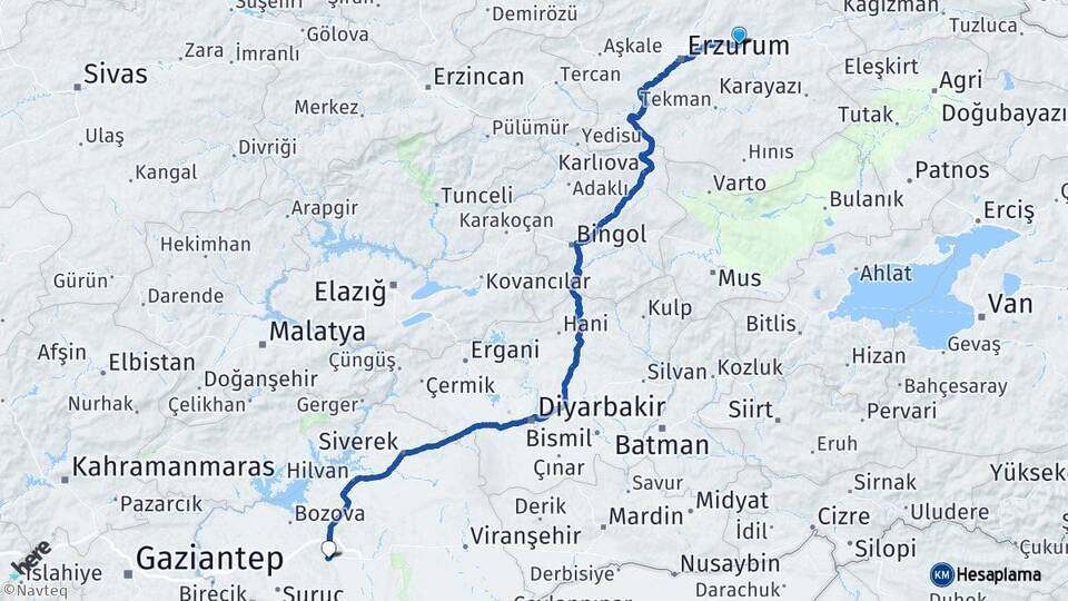 Erzurum Pasinler Şanlıurfa Arası Kaç Km - Yol Haritası