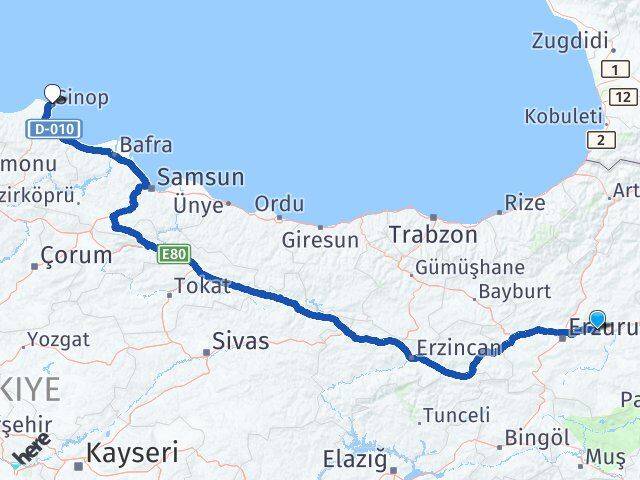 Erzurum Pasinler Sinop Arası Kaç Km - Yol Haritası