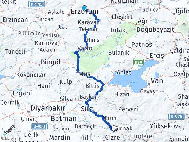 Erzurum Pasinler Şırnak Arası Kaç Km - Yol Haritası