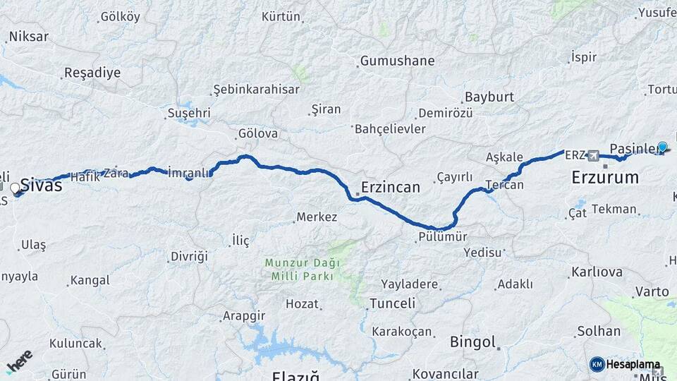 Erzurum Pasinler Sivas Arası Kaç Km - Yol Haritası
