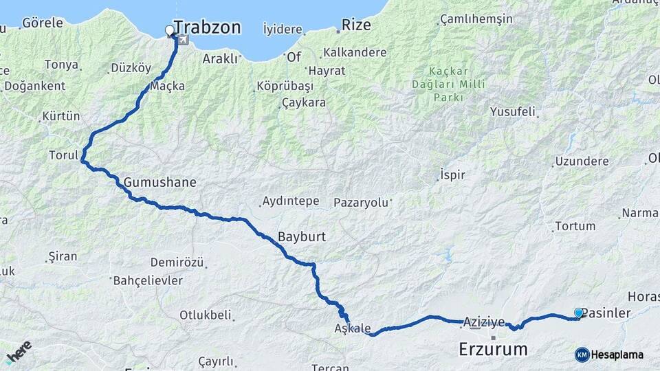 Erzurum Pasinler Trabzon Arası Kaç Km - Yol Haritası