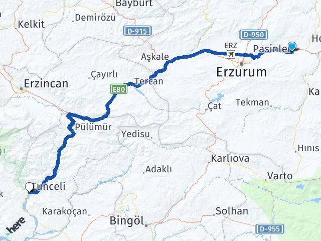 Erzurum Pasinler Tunceli Arası Kaç Km - Yol Haritası
