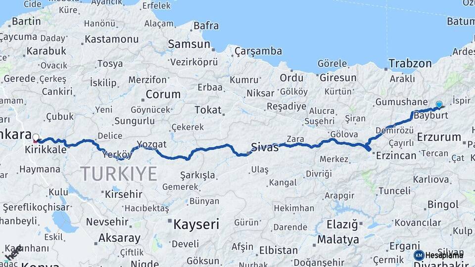Erzurum Pazaryolu Ankara Arası Kaç Km - Yol Haritası