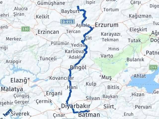 Erzurum Pazaryolu Batman Arası Kaç Km - Yol Haritası