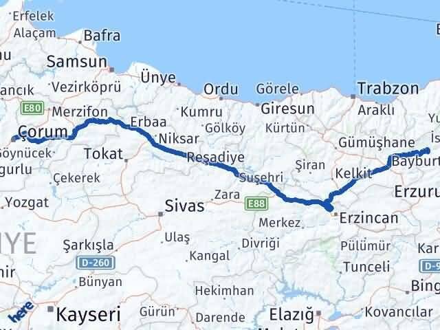 Erzurum Pazaryolu Çorum Arası Kaç Km - Yol Haritası
