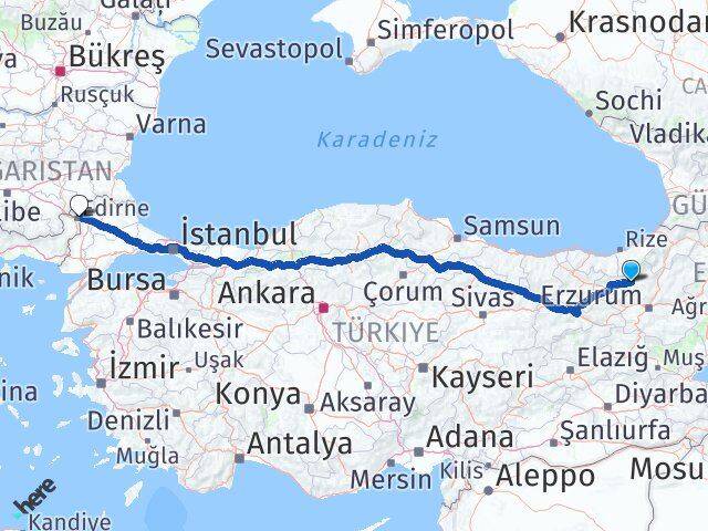 Erzurum Pazaryolu Edirne Arası Kaç Km - Yol Haritası