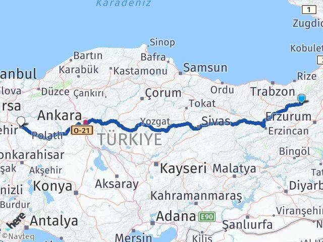 Erzurum Pazaryolu Eskişehir Arası Kaç Km - Yol Haritası