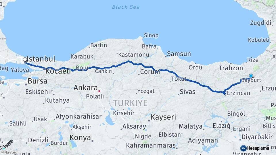 Erzurum Pazaryolu İstanbul Arası Kaç Km - Yol Haritası