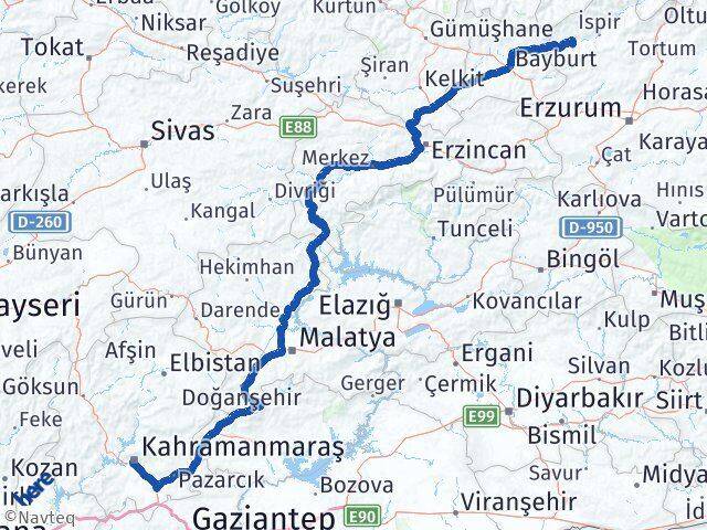 Erzurum Pazaryolu Kahramanmaraş Arası Kaç Km - Yol Haritası