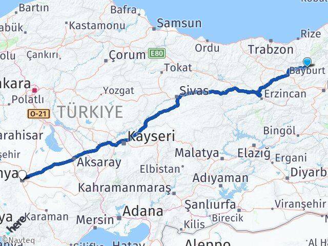 Erzurum Pazaryolu Konya Arası Kaç Km - Yol Haritası
