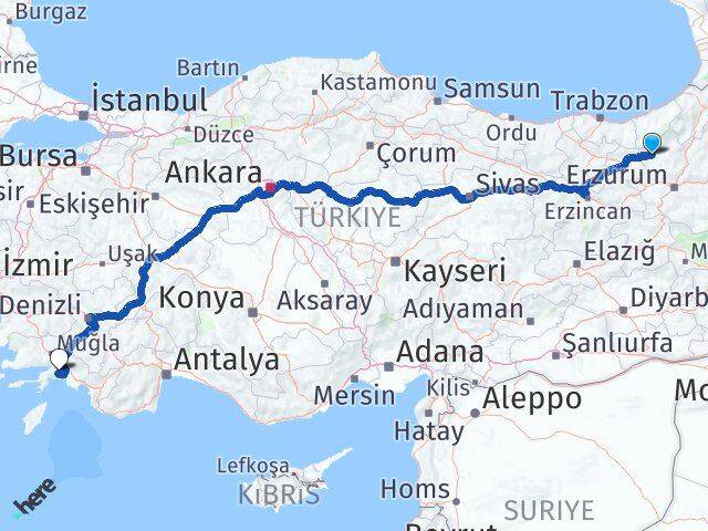 Erzurum Pazaryolu Muğla Arası Kaç Km - Yol Haritası