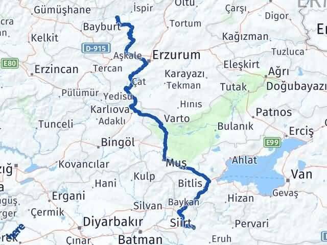 Erzurum Pazaryolu Siirt Arası Kaç Km - Yol Haritası
