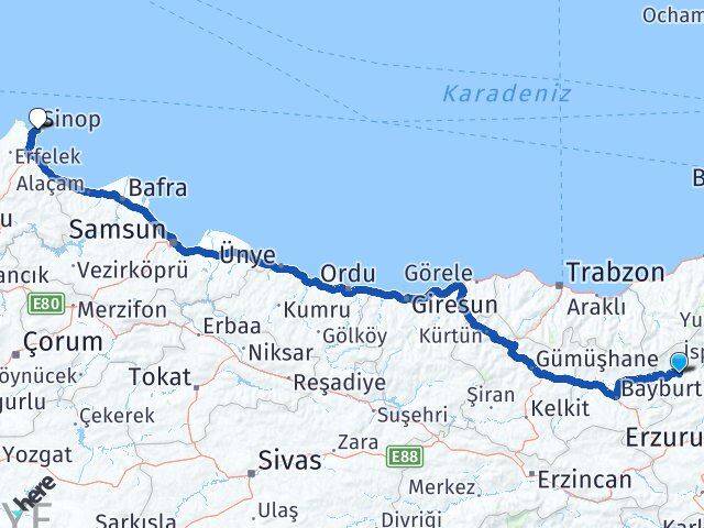 Erzurum Pazaryolu Sinop Arası Kaç Km - Yol Haritası