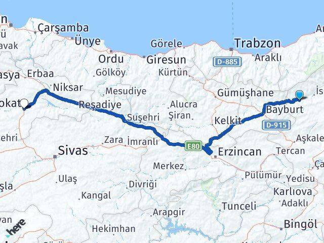 Erzurum Pazaryolu Tokat Arası Kaç Km - Yol Haritası
