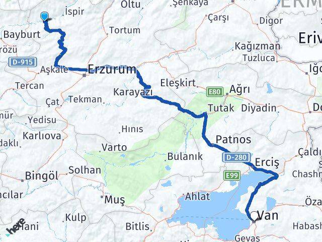 Erzurum Pazaryolu Van Arası Kaç Km - Yol Haritası