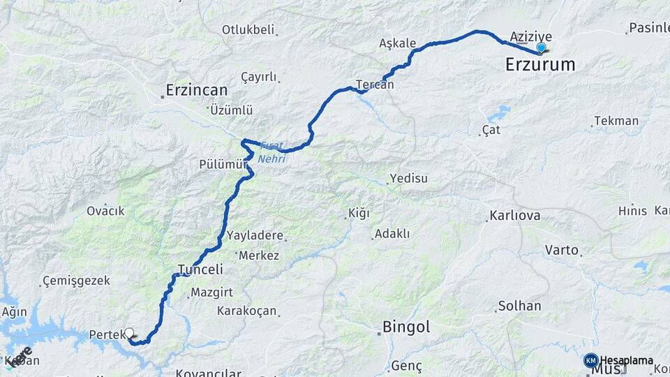 Erzurum Pertek Tunceli Arası Kaç Km - Yol Haritası