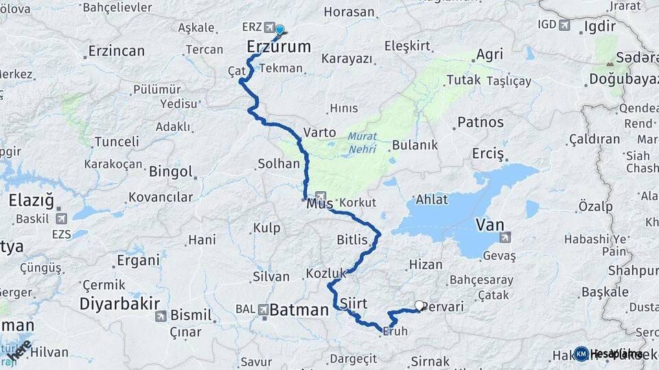 Erzurum Pervari Siirt Arası Kaç Km - Yol Haritası