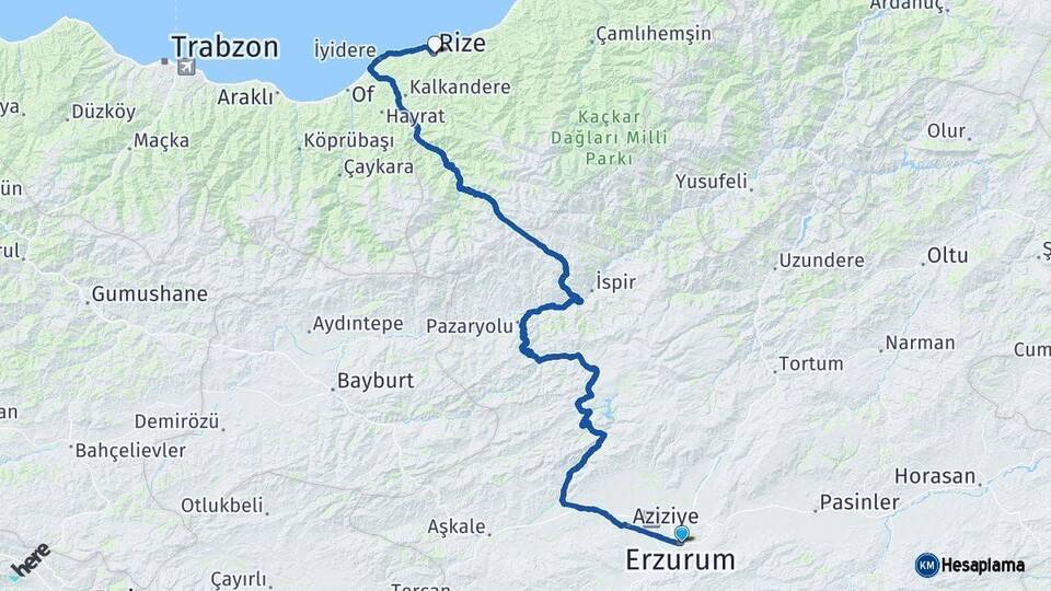 Erzurum Rize Arası Kaç Km - Yol Haritası