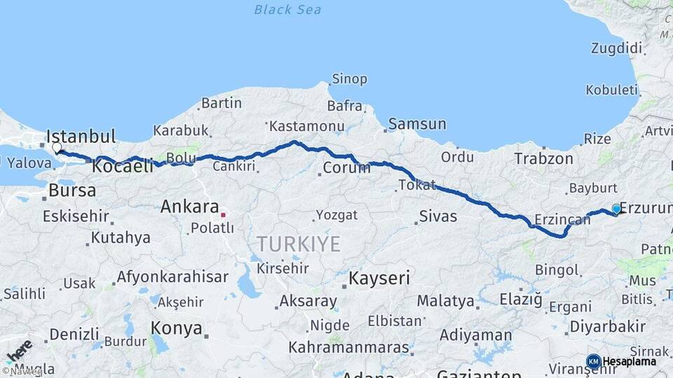 Erzurum Sabiha Gökçen Havalimanı Arası Kaç Km - Yol Haritası