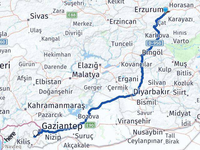 Erzurum Şahinbey Gaziantep Arası Kaç Km - Yol Haritası