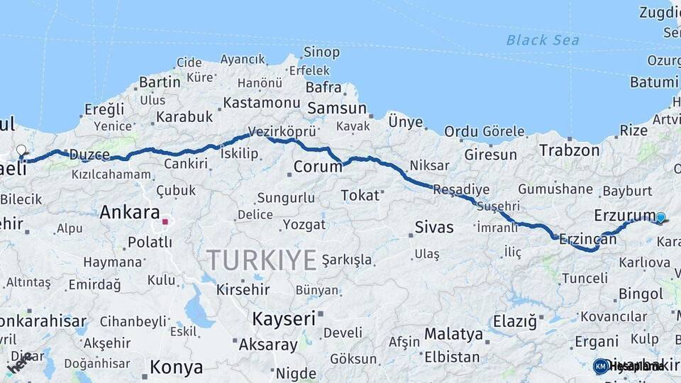 Erzurum Sakarya Arası Kaç Km - Yol Haritası