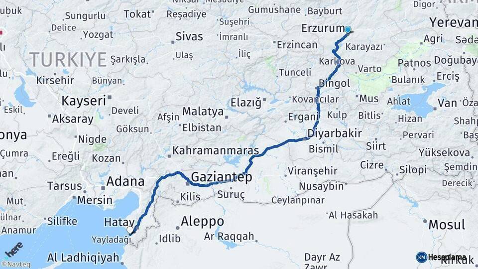 Erzurum Samandağ Hatay Arası Kaç Km - Yol Haritası