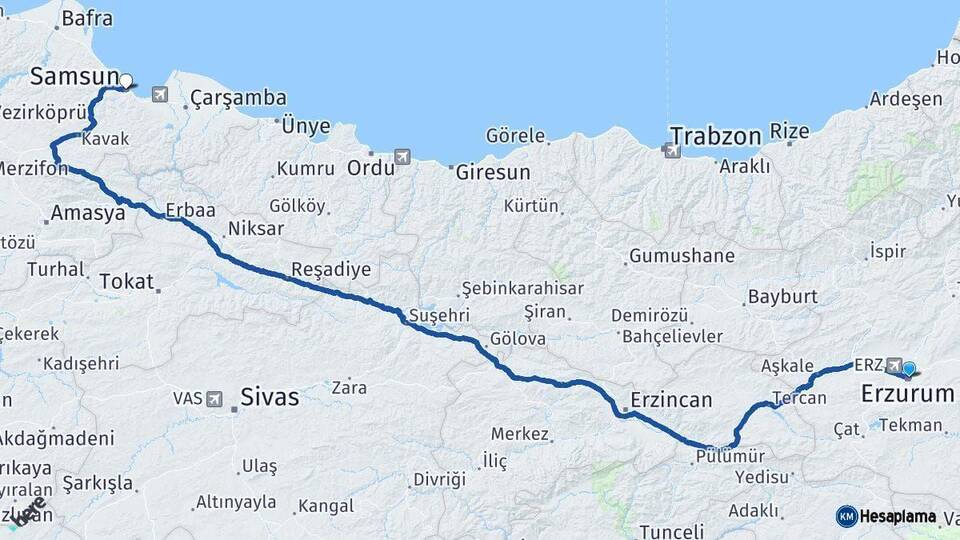Erzurum Samsun Arası Kaç Km - Yol Haritası