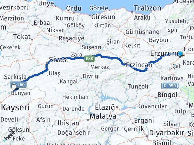 Erzurum Sarıoğlan Kayseri Arası Kaç Km - Yol Haritası