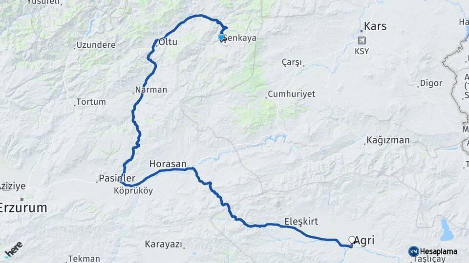 Erzurum Şenkaya Ağrı Arası Kaç Km - Yol Haritası