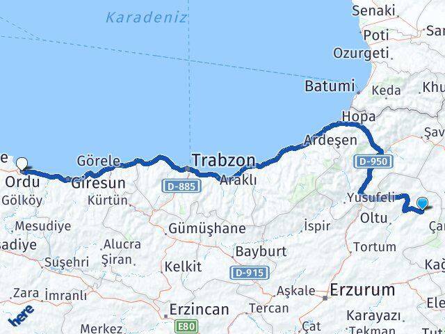 Erzurum Şenkaya Akşar Ordu Arası Kaç Km - Yol Haritası