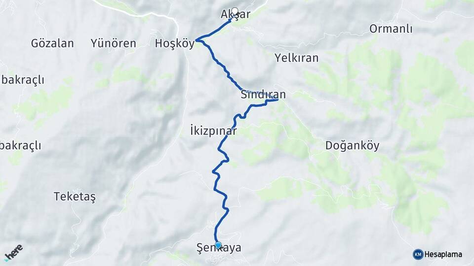 Erzurum Şenkaya Akşar Şenkaya Arası Kaç Km - Yol Haritası
