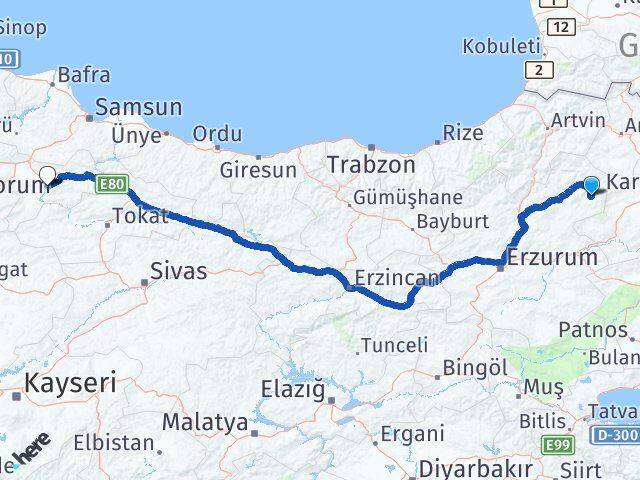 Erzurum Şenkaya Amasya Arası Kaç Km - Yol Haritası