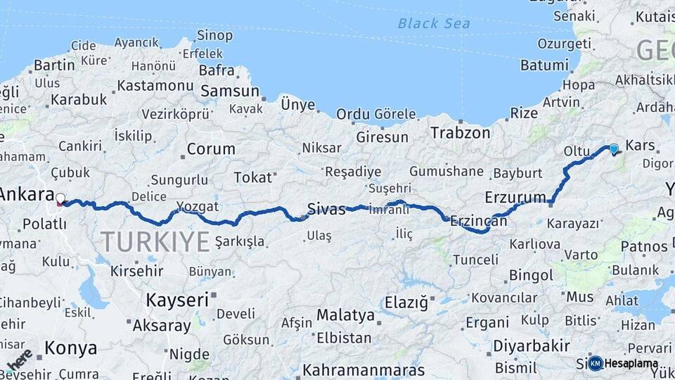 Erzurum Şenkaya Ankara Arası Kaç Km - Yol Haritası