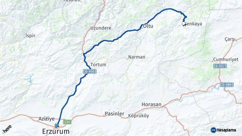 Erzurum Şenkaya Arası Kaç Km - Yol Haritası