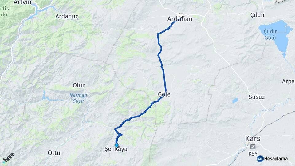 Erzurum Şenkaya Ardahan Arası Kaç Km - Yol Haritası