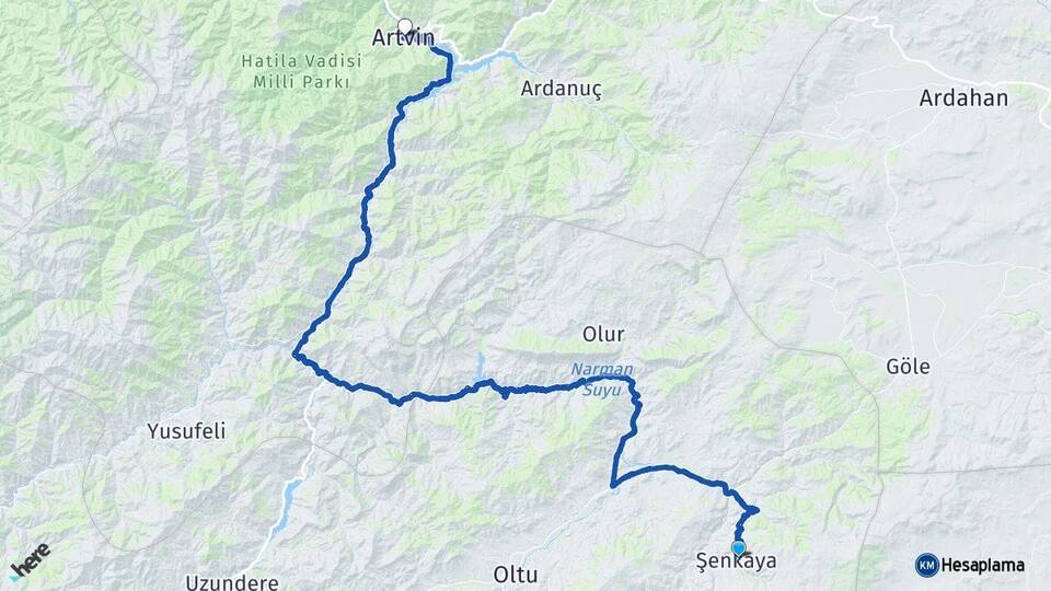 Erzurum Şenkaya Artvin Arası Kaç Km - Yol Haritası