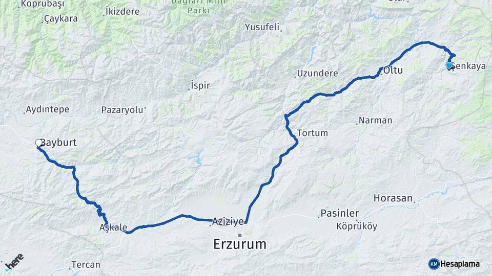 Erzurum Şenkaya Bayburt Arası Kaç Km - Yol Haritası