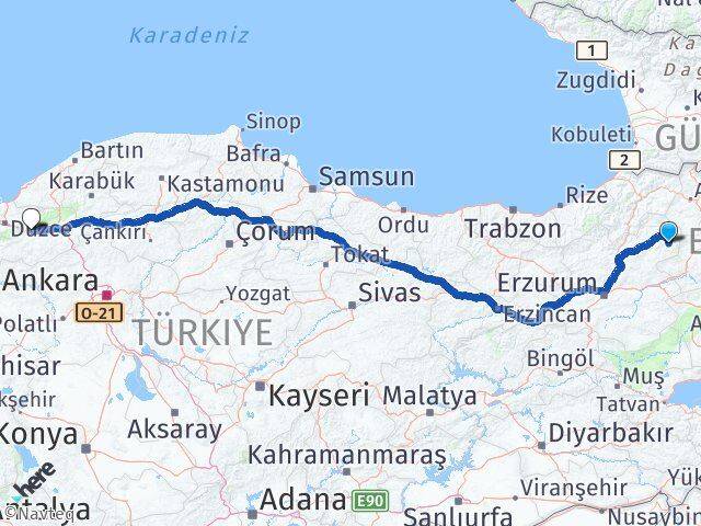 Erzurum Şenkaya Bolu Arası Kaç Km - Yol Haritası