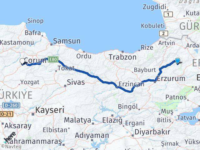 Erzurum Şenkaya Çorum Arası Kaç Km - Yol Haritası
