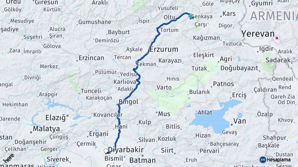 Erzurum Şenkaya Diyarbakır Arası Kaç Km - Yol Haritası