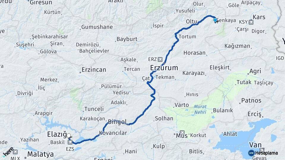 Erzurum Şenkaya Elazığ Arası Kaç Km - Yol Haritası